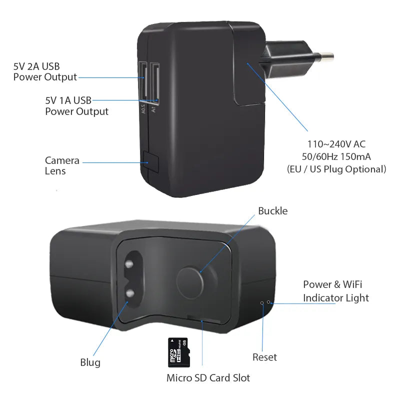 4K/1080P HD WiFi Charger Spy Camera Mini Hidden Camera