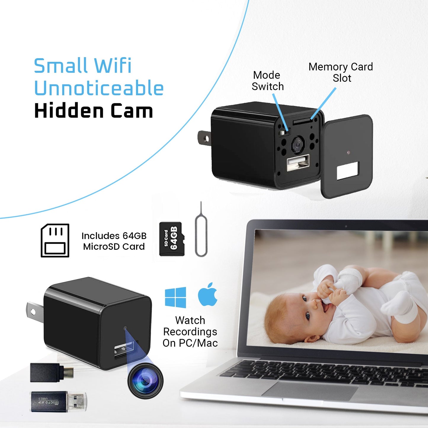 1080P Spy Camera USB Charger No WiFi Camera with 64GB TF cards