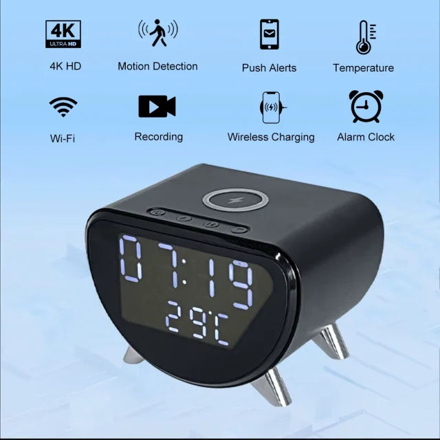 4K HD WiFi Mini Camera Clock | Wireless Charging