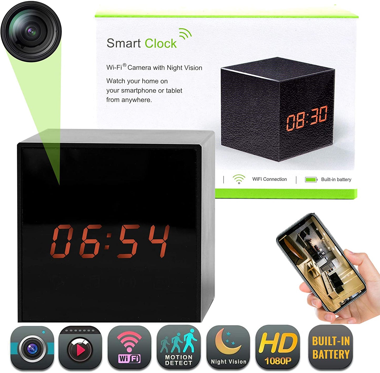 Prospys 1080P Alarm Clock Bluetooth Radio Speaker with Spy Hidden Camera