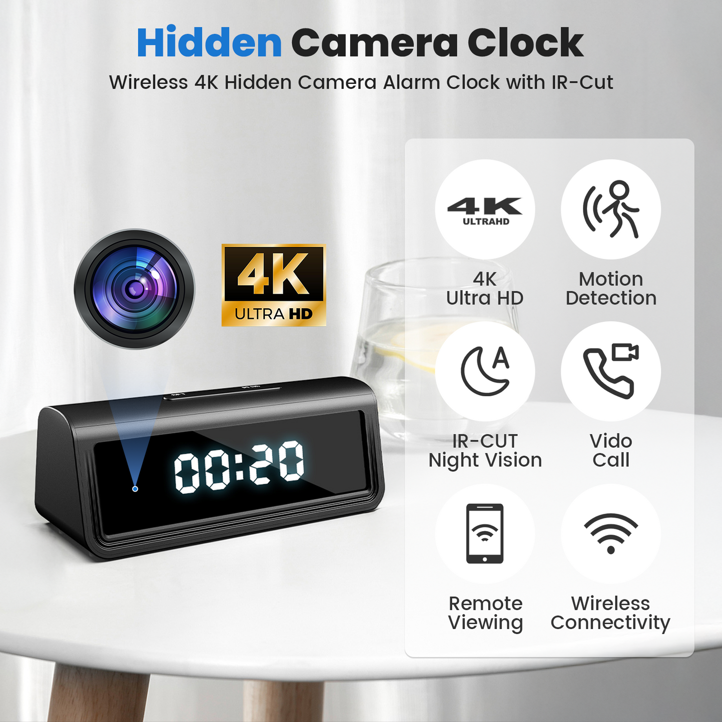 Hidden Camera Clock - 4K & 1080p Clock Secret Camera With IR CUT