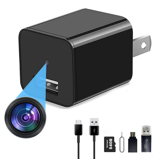 1080P Spy Camera USB Charger No WiFi Camera with 64GB TF cards