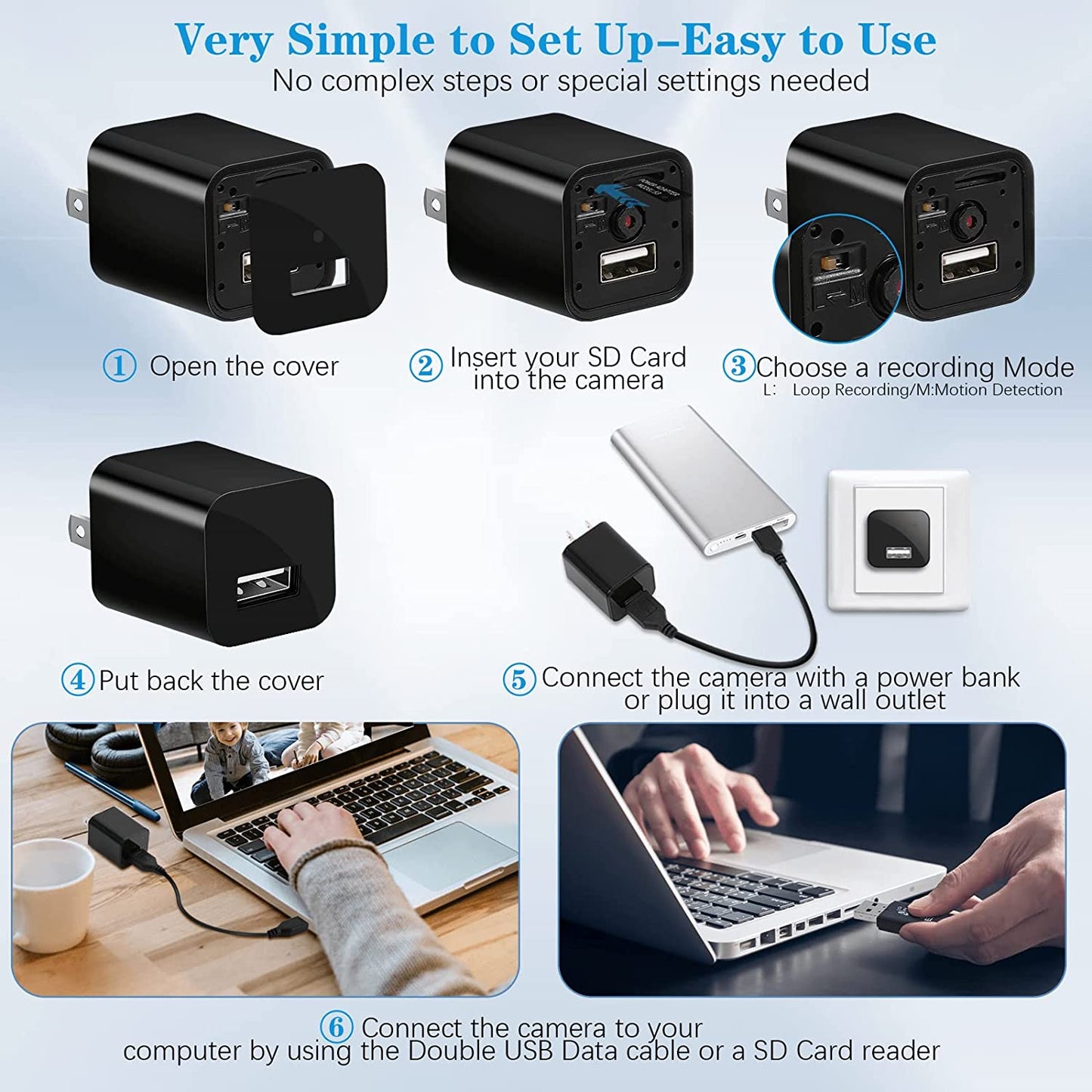 1080P Spy Camera USB Charger No WiFi Camera with 64GB TF cards