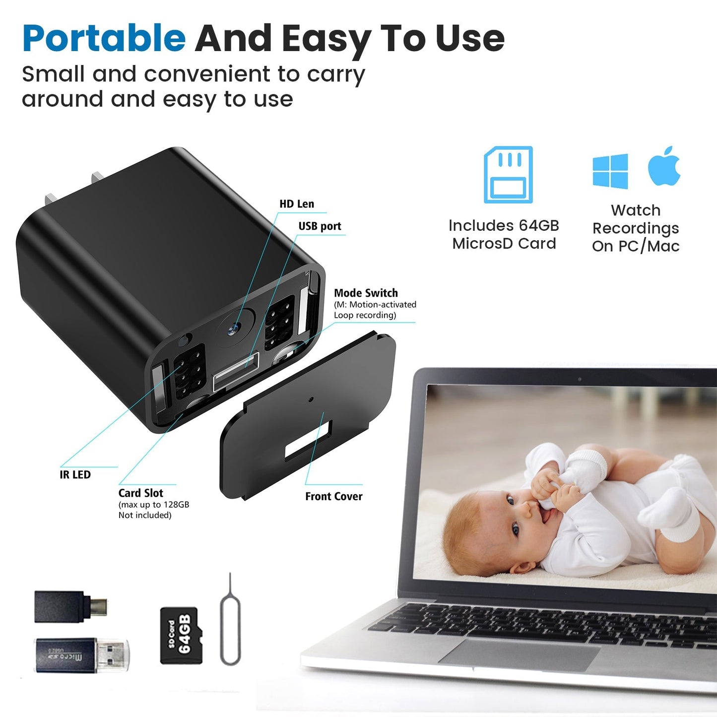 Night Version Full HD USB Charger Camera  with 64GB TF cards